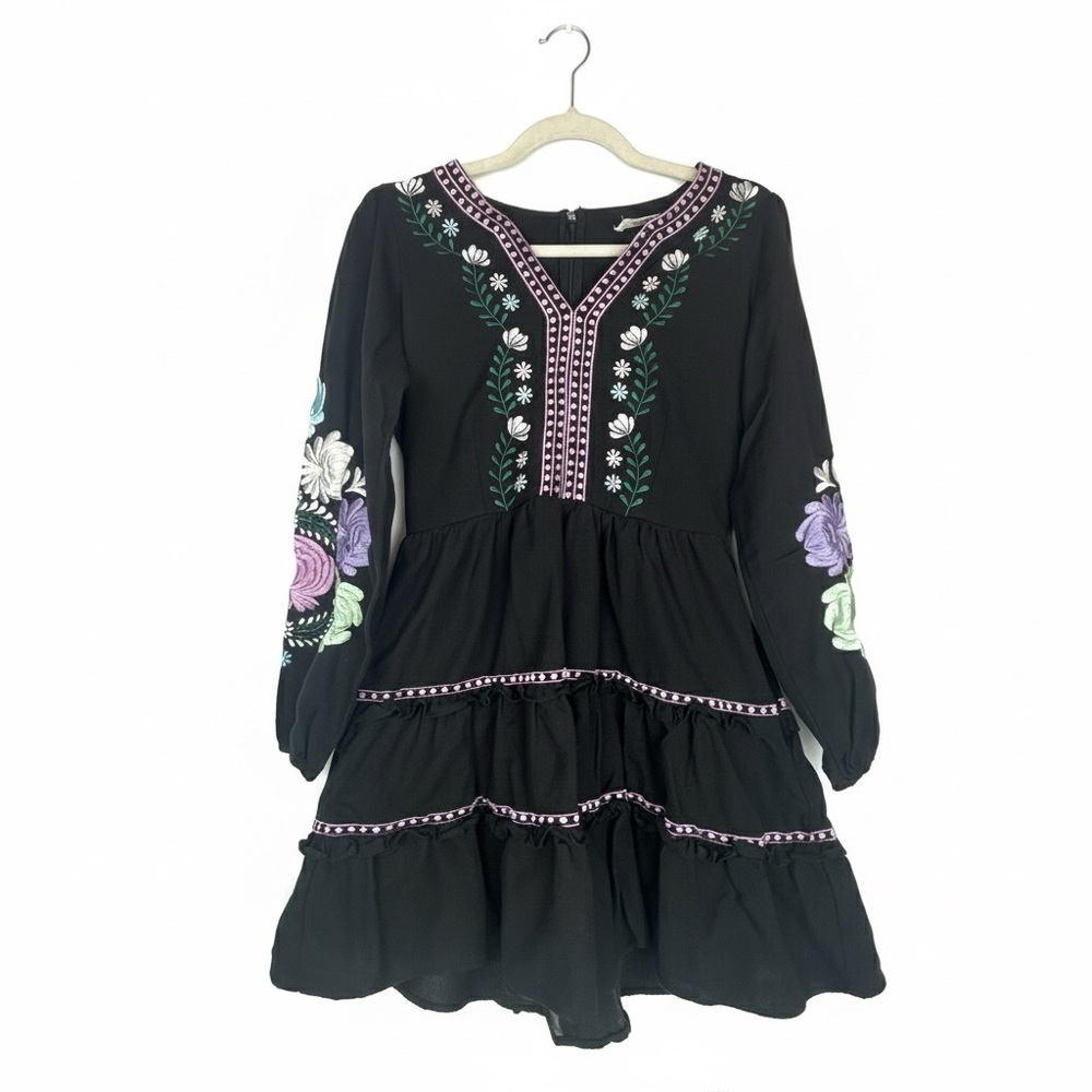 Roller Rabbit Embroidered Linen Blend Black Tiered Mini Dress XS